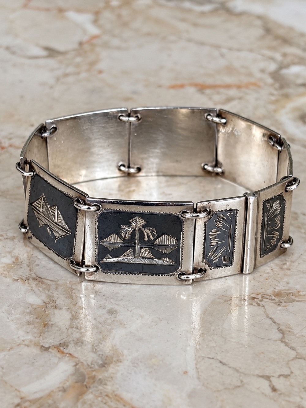 Vintage 1950’s Sterling Silver Siam Niello Panel Bracelet – Thailand